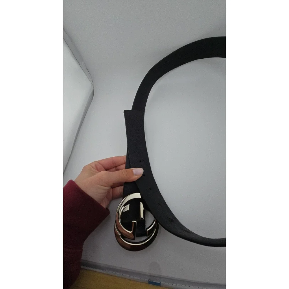 Gucci Interlocking G Belt Black Leather Silver Buckle Mens 44 Inch Large